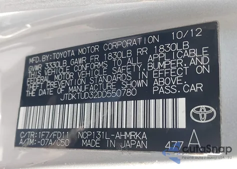 2013 Toyota Yaris Le из США, поврежденный, VIN JTDKTUD32DD550780